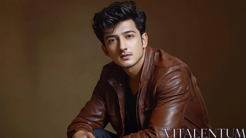 Male portrait in brown leather jacket with studio-soft lighting