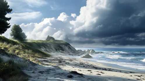Stormlit dune coast under dramatic ocean sky. Period.