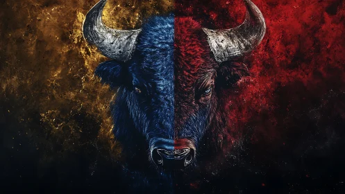 Symmetric dual-color bison portrait with split warm backdrops.