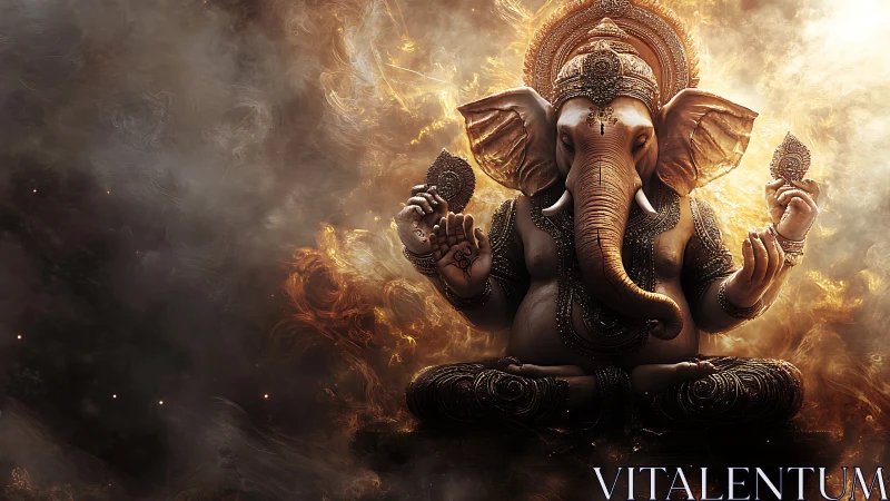 Golden seated Ganesha in ornate smoke filled background