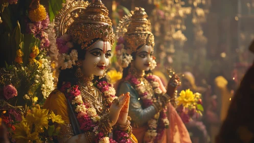 Garlanded temple deities glowing in fragrant golden haze.