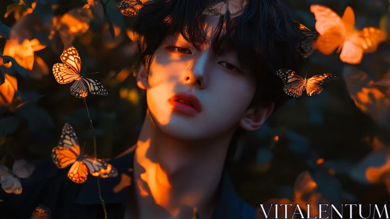 Ethereal portrait merges soft dusk light and monarch flight.