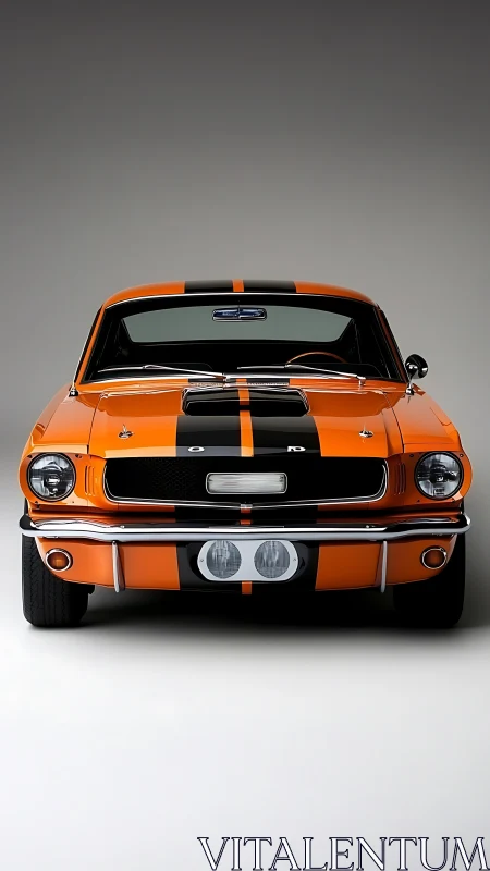Bold orange muscle car stands poised with racing stripes.
