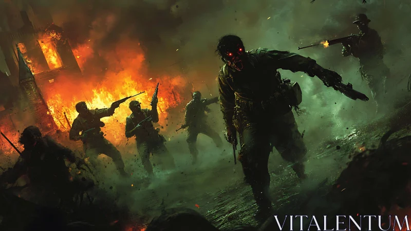 Undead soldiers advancing across burning battlefield at night.