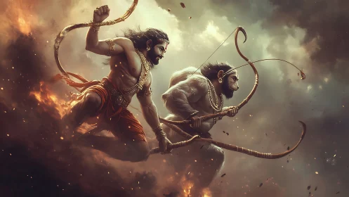 Warrior deity and monkey ally leap through blazing skies