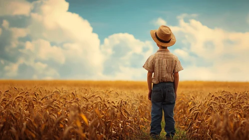 Rural childhood portrait in golden wheat field perspective.