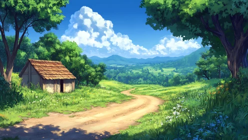 Sunlit country lane curving past rustic cottage and fields.