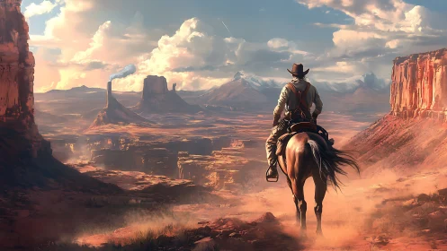 Lone rider on horseback crossing expansive desert canyon.