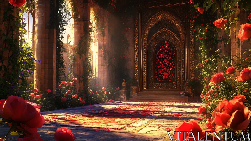 Golden garden doorway glows amid roses and dappled light