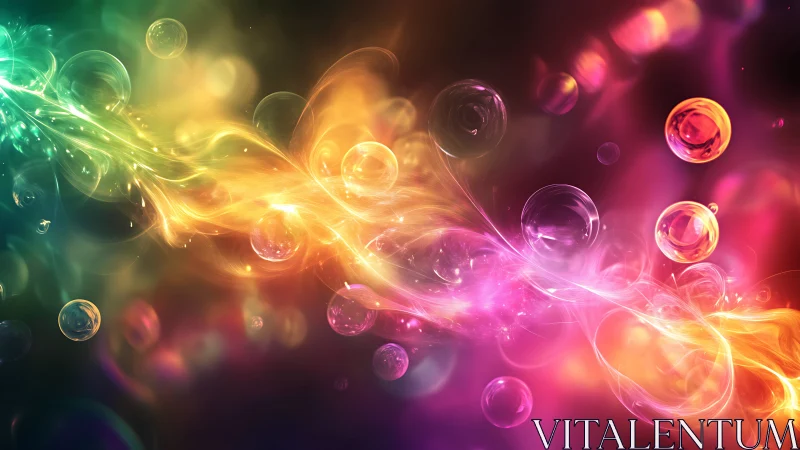 Colorful abstract light stream with floating soap bubbles.