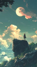 Solitary figure on cliff under large moon in soft sky.