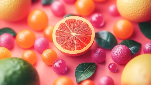 Vivid citrus slice anchors playful candy-colored still life.