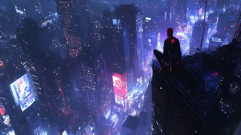 Masked figure overlooking neon city skyline at night.