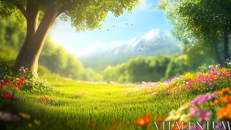 Sunlit wildflower meadow under distant snowcapped mountains.