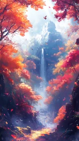 Autumn canyon unfolds beneath luminous waterfall and peak.