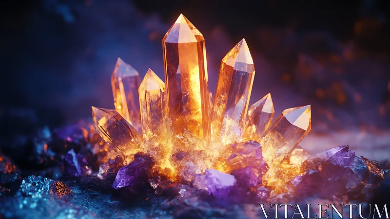 Cluster of illuminated orange crystals among purple shards.
