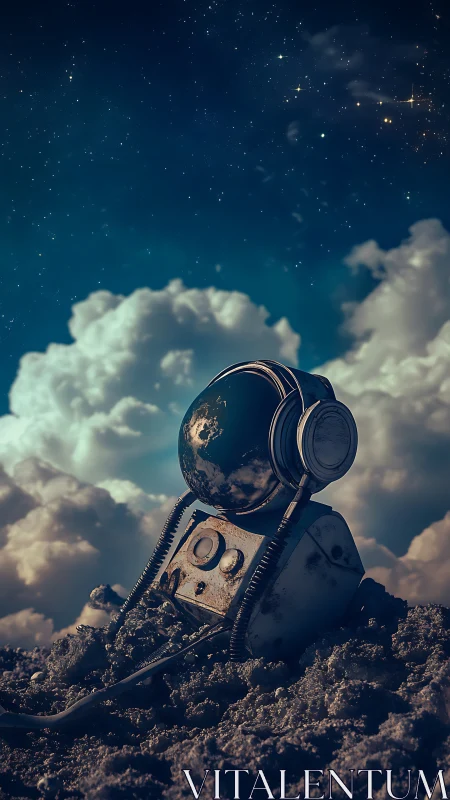 Robot unit with planet-shaped head in clouded night sky.