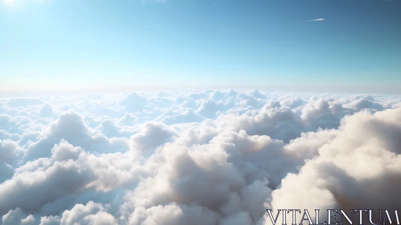 Cloud layer fills frame under clear blue sky at high altitude