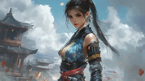 Fierce warrior stands poised above misty ancient rooftops