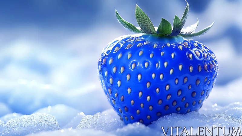 Photorealistic blue strawberry on crystalline frost field.
