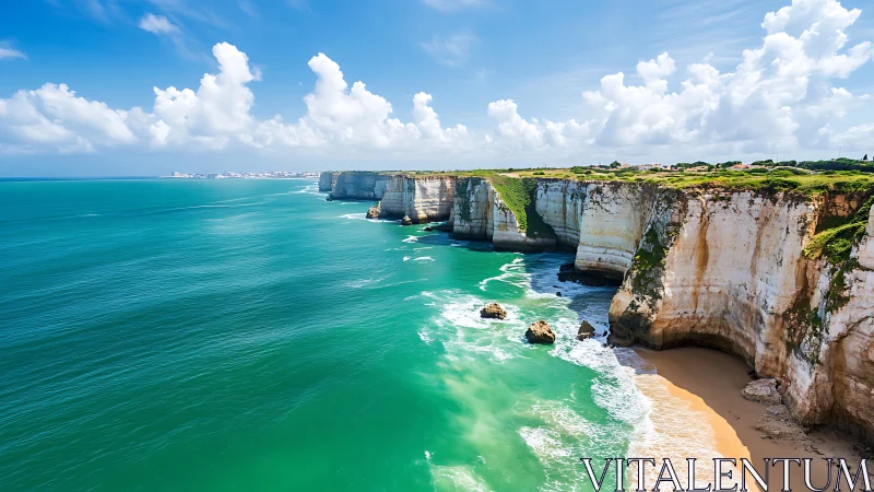 Emerald waves crash below bright white seaside cliffs.