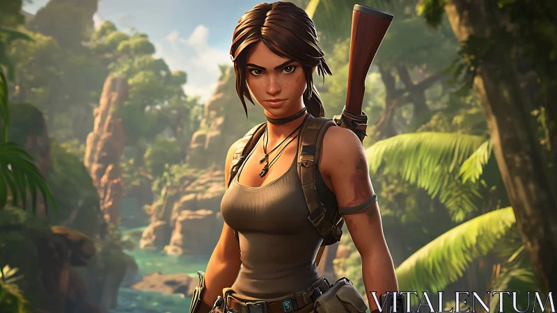 Fearless jungle explorer standing ready in lush green wilds.