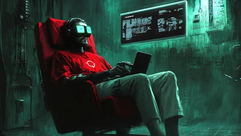 Cyberpunk operator in neon lab with VR rig and console displays.