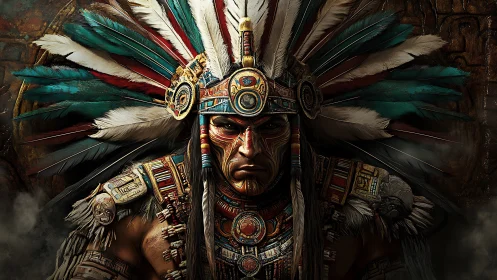 Regal indigenous warrior in ornate feathered headdress portrait.
