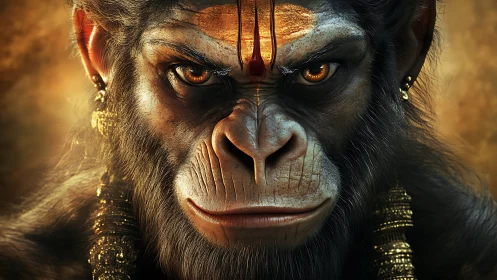 Regal monkey warrior spirit with glowing golden gaze.