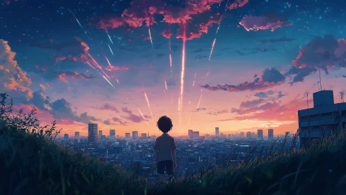 Twilight city sky watched by a dreamer under falling stars.