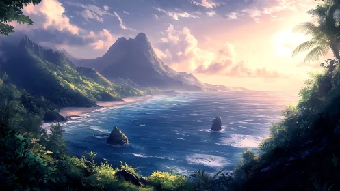 Tropical Mountain Cove at Golden Hour Glow.