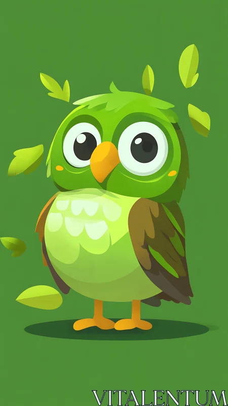 Green cartoon owl mascot on clean flat background.