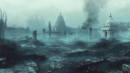Mist over forgotten temples in a dreamy ruined cityscape.