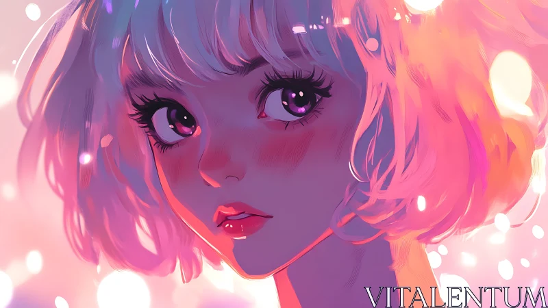 Anime girl close-up with glowing pastel hair and light.