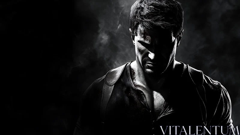 Brooding male figure in stark monochrome digital portrait.