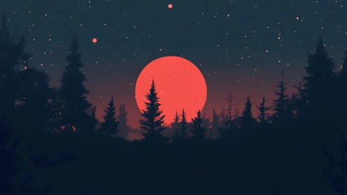 Crimson moon rises over midnight forest under starlit sky