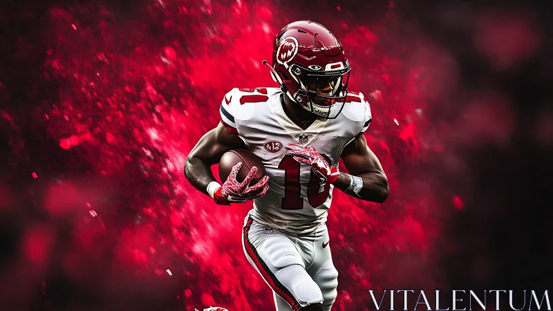High-velocity gridiron runner in dynamic red particle field.