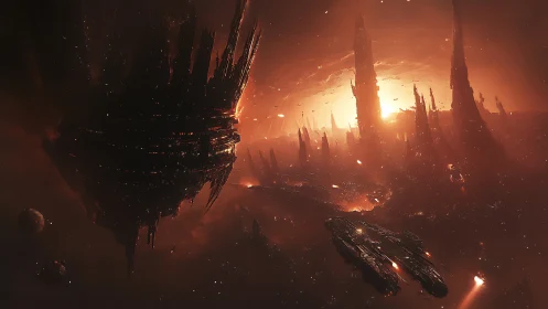 Emberborn megastructures drift above a dying alien sun.
