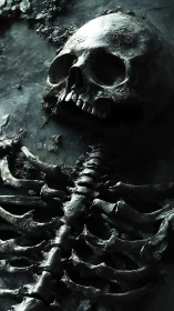 Weathered skeleton study in shadowy metallic textures.