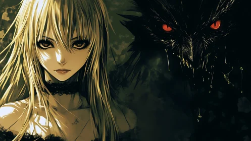 Haunting blonde girl with dark raven spirit companion.