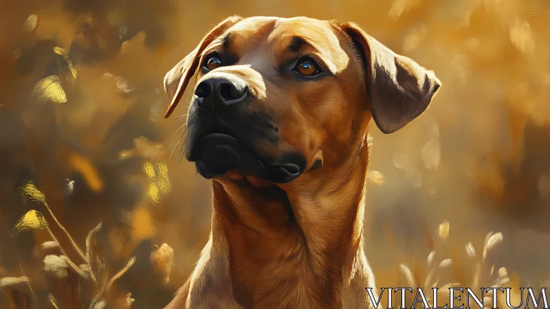 Brown short-haired dog in soft golden outdoor light.