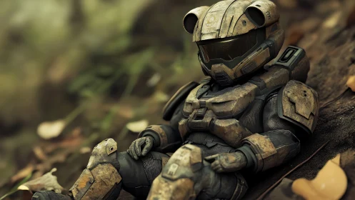 Battle-worn chibi space trooper napping in autumn hush.