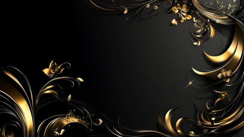 Gold floral scrollwork frames deep black luxury background