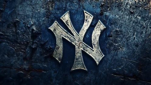 Metallic interlocking NY monogram mounted on rough blue surface