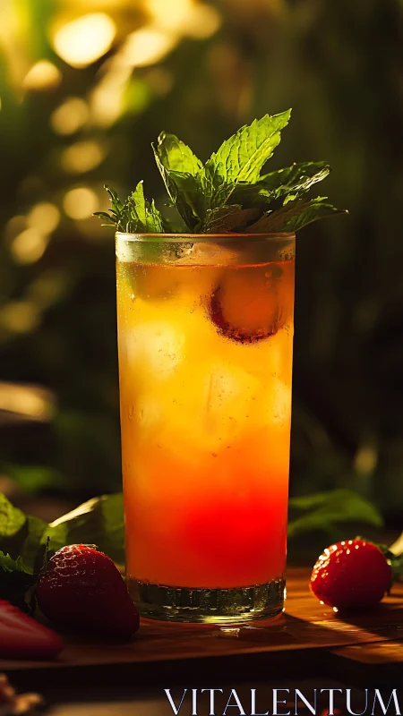 Golden-amber mixed beverage with fresh mint garnish and raspberry accompaniment