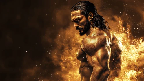 Muscular warrior turns amid roaring golden firestorm.