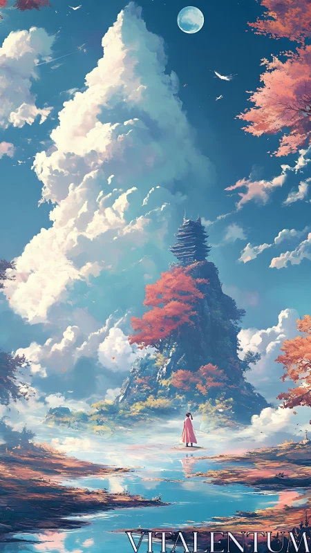 Solitary wanderer approaches autumn pagoda beneath moon.