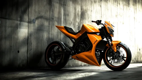 Bold orange street motorcycle resting in moody tunnel light.