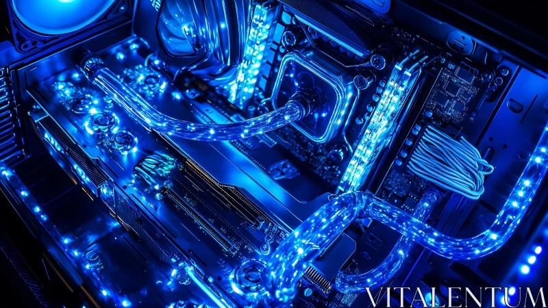 Liquid-cooled gaming PC interior with neon blue tubing glow.