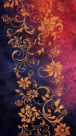 Gold floral ornament on textured red and navy background.